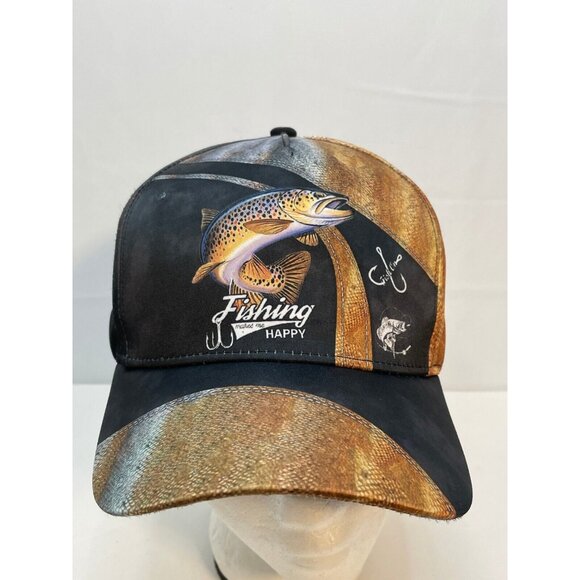 Fishing makes me happy hat cap 7 1/2" snap back brown - Picture 1 of 7